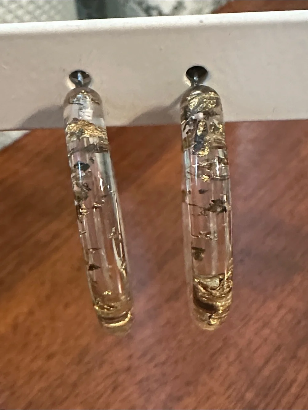 Retro Look Clear Lucite Plastic Hoop‎ Earrings with Gold Leaf Flecks